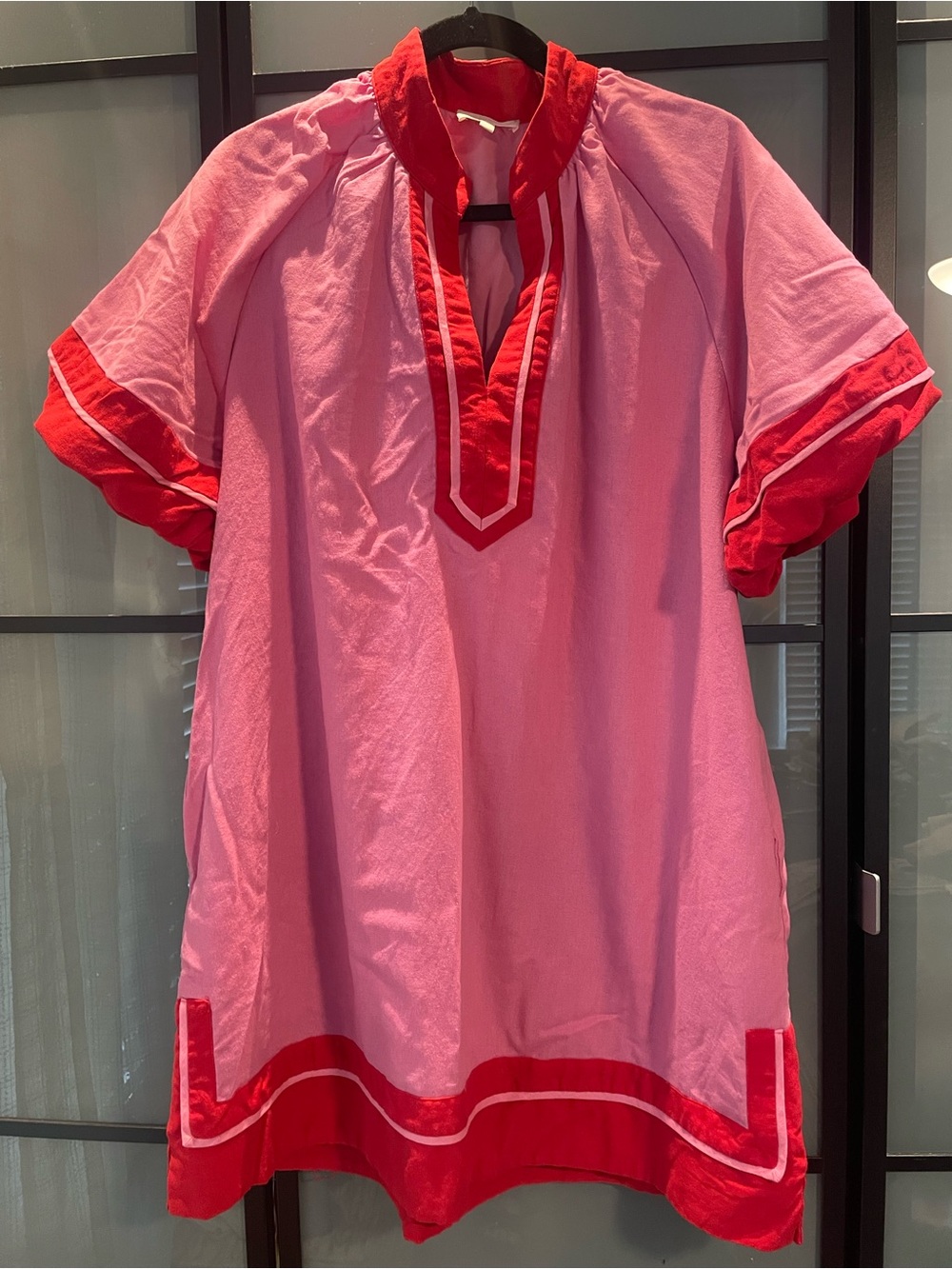 entro puff sleeve Pink Dress with Red Trim